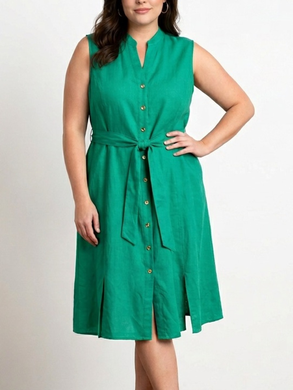 Laura Emerald Green Linen Blend Sleeveless Button Midi Dress Size 24 NWT